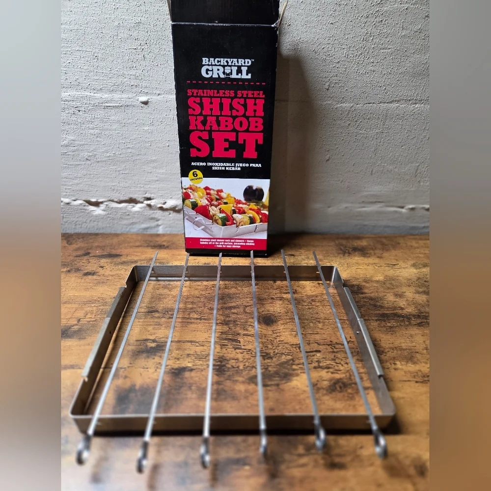 Deluxe Kabob Set 6 Skewers Rack Preowned Used Once Perfect Stainless Steel